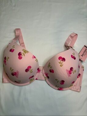 NWT Juicy Couture All Over Logo Cherry Print Pastel Baby Pink Bra 38DD Brand New